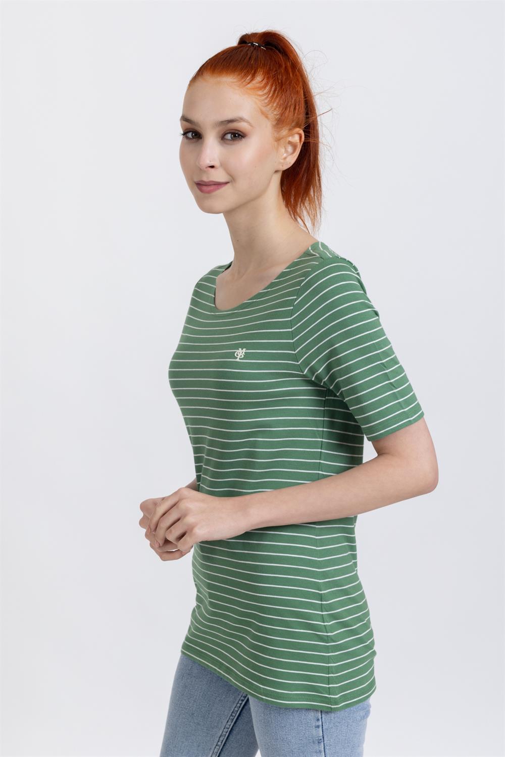 Mpl V Yaka Tshirt  22y o M&G YEŞİL/BEYAZ ÇİZGİLİ