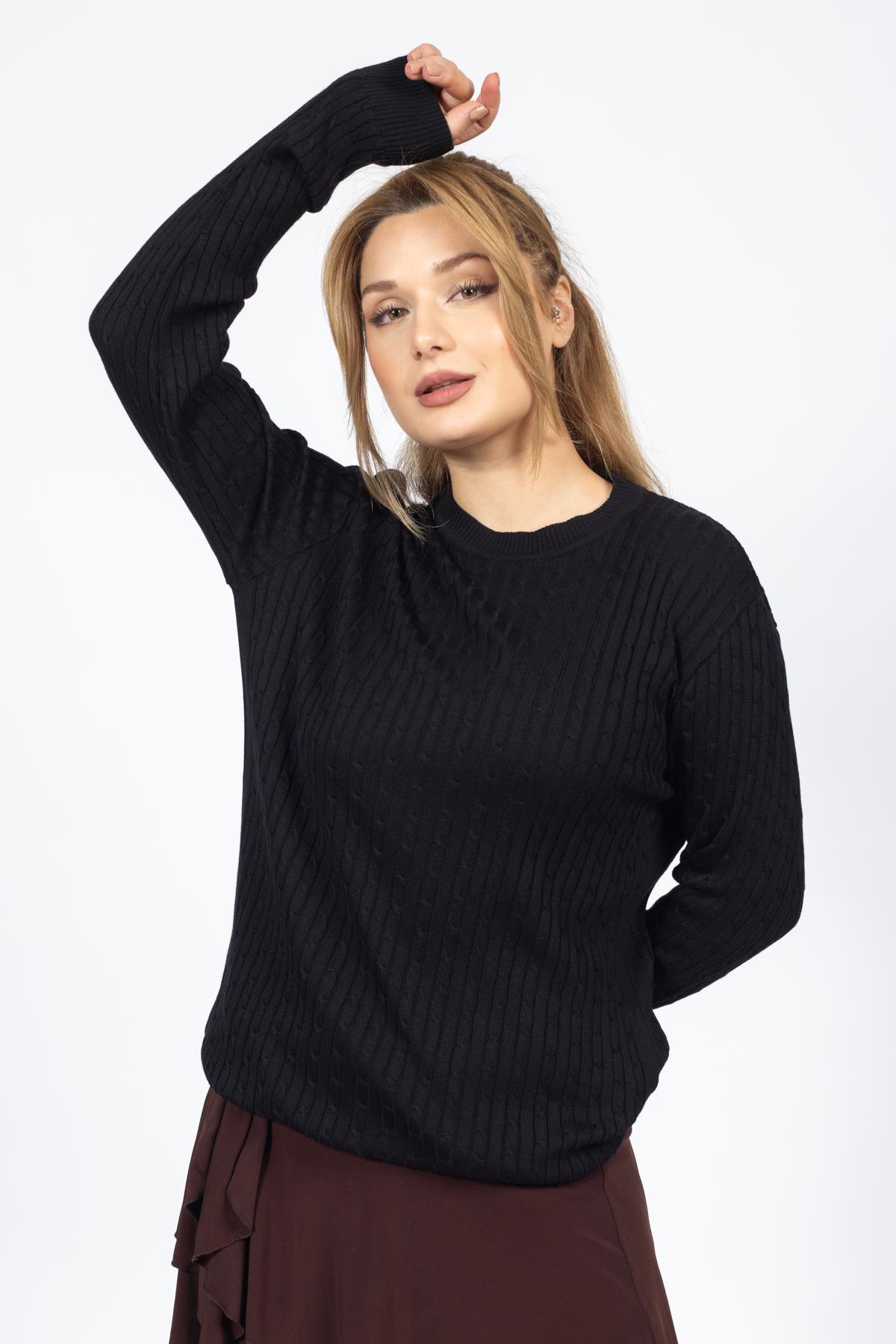 Vs Kadın 0 Yaka Saç Örgü U.Kol Kazak Trk SİYAH