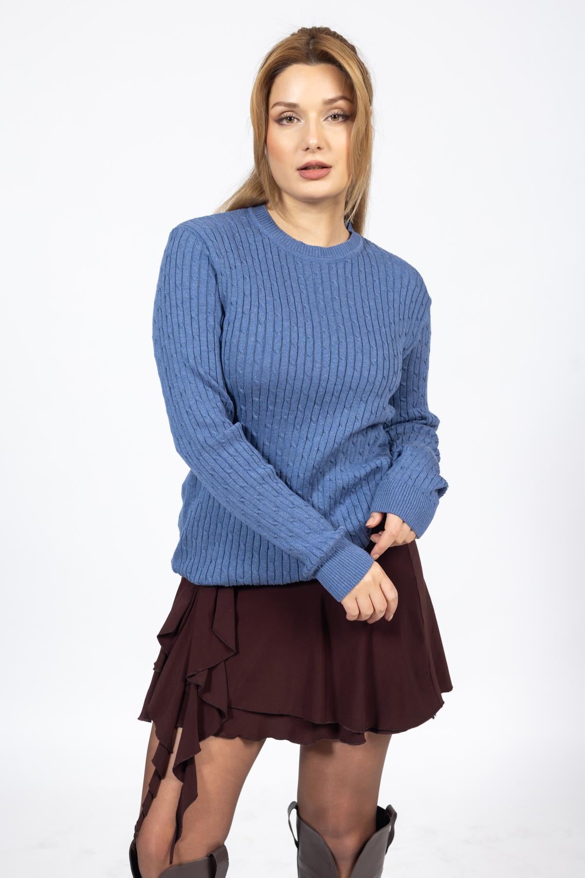 Vs Kadın 0 Yaka Saç Örgü U.Kol Kazak Trk İNDİGO