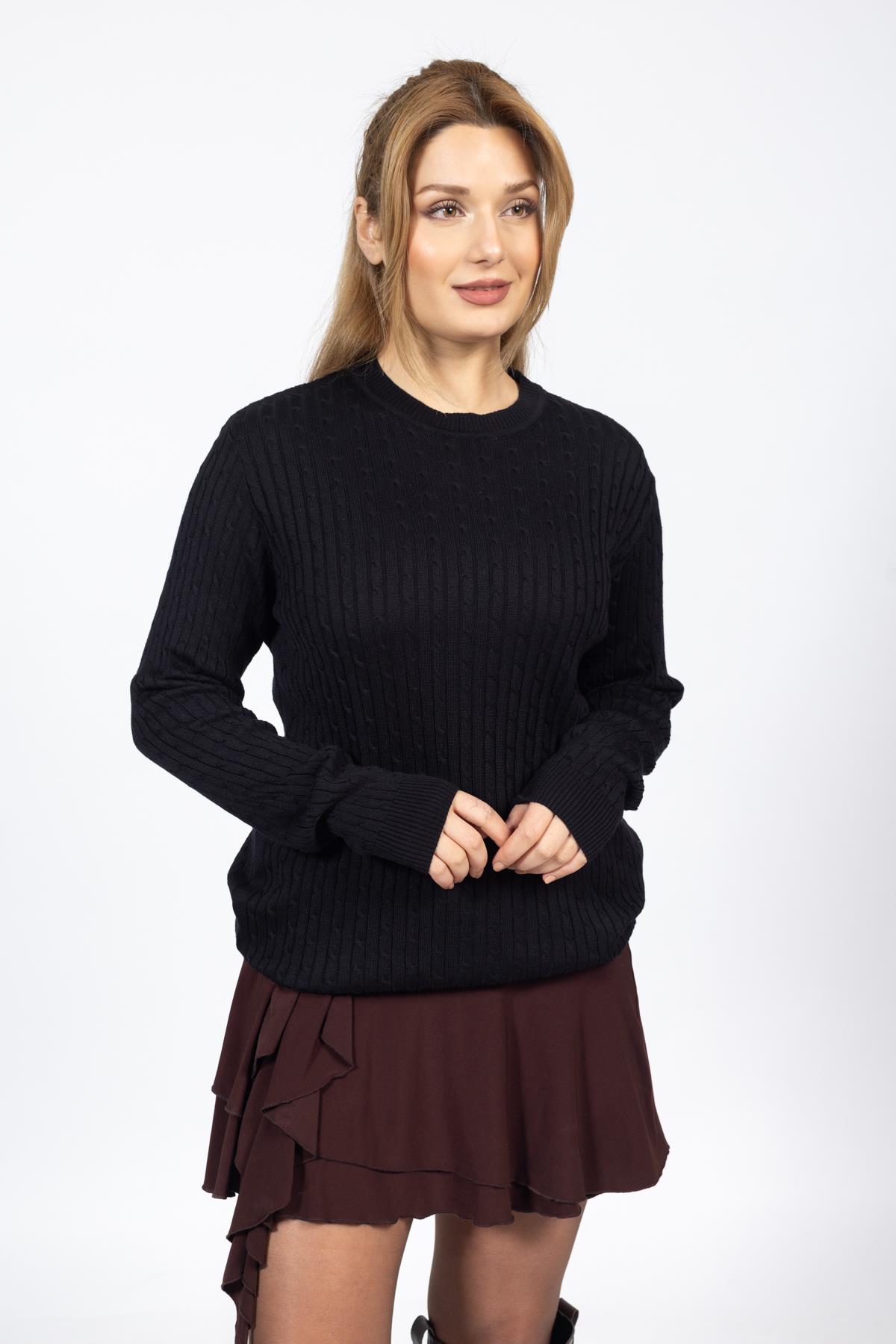 Vs Kadın 0 Yaka Saç Örgü U.Kol Kazak Trk SİYAH