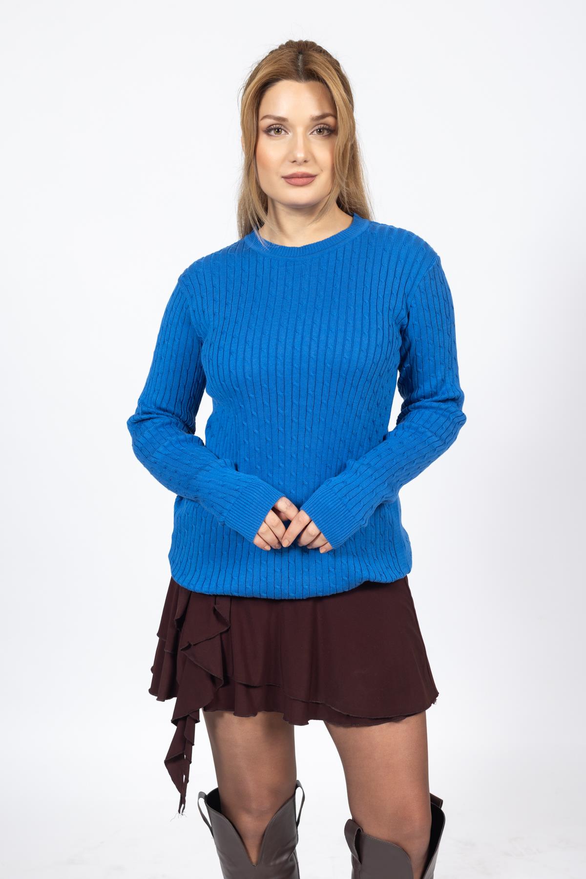 Vs Kadın 0 Yaka Saç Örgü U.Kol Kazak Trk SAX MAVİ