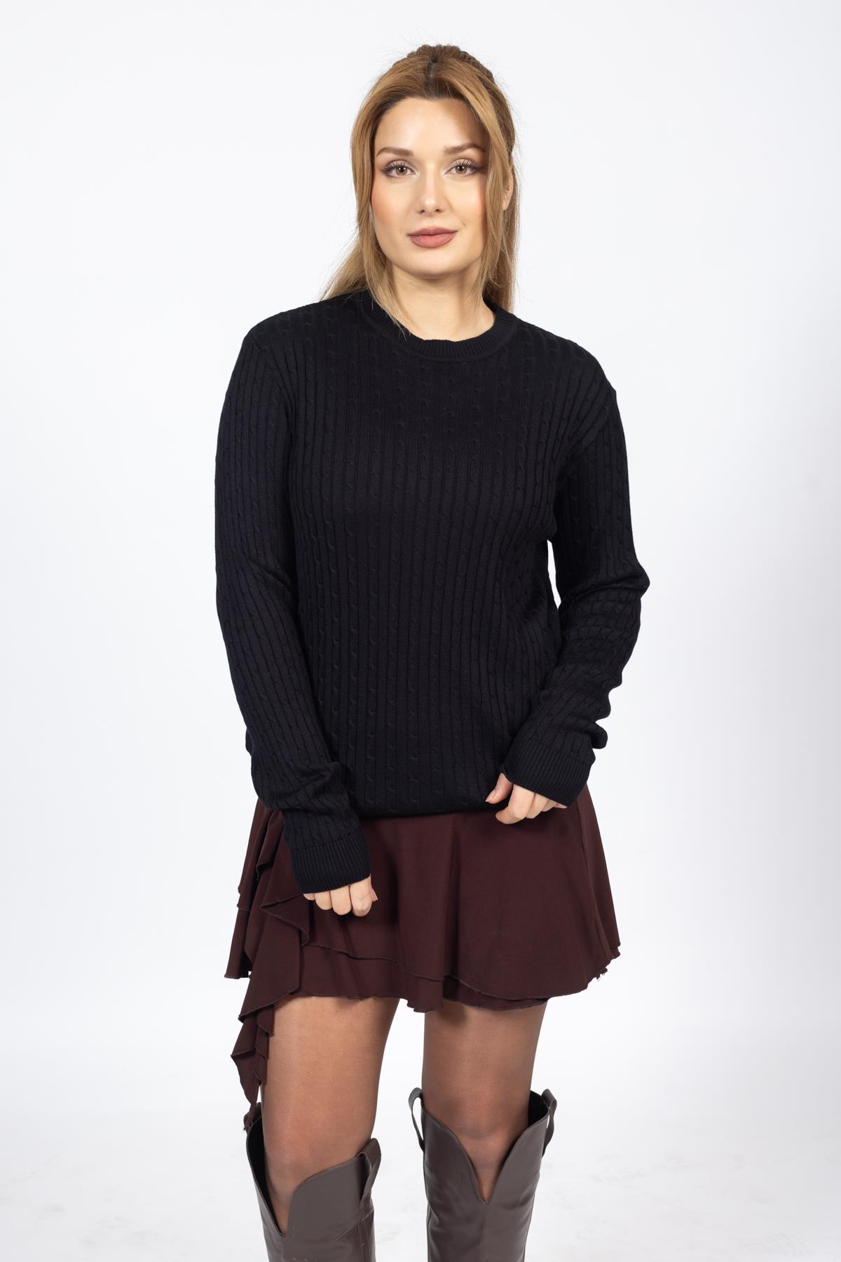 Vs Kadın 0 Yaka Saç Örgü U.Kol Kazak Trk SİYAH