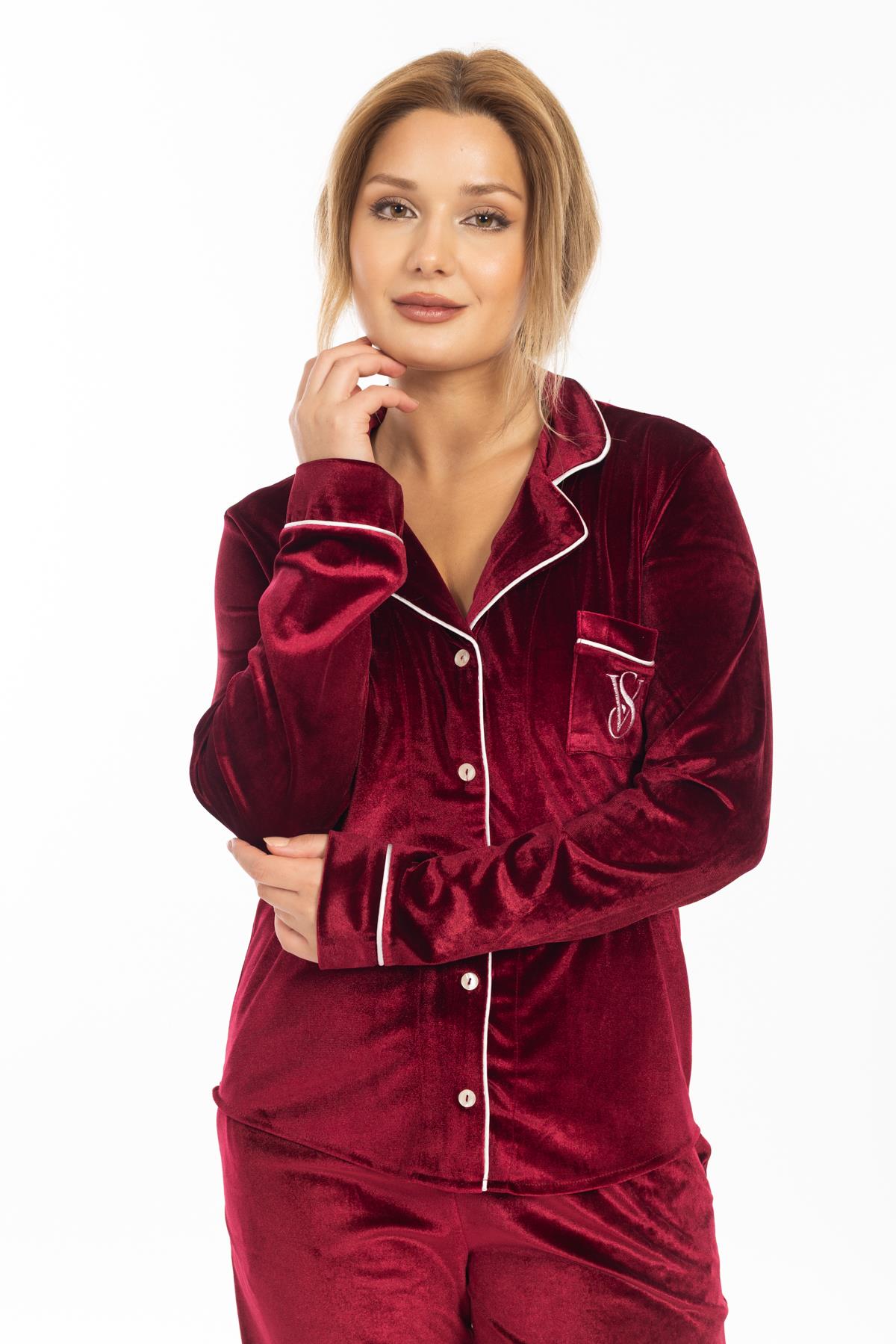 Vs Kadın Desenli Kadife U.Kol Pijama Takım 22k Evm BORDO