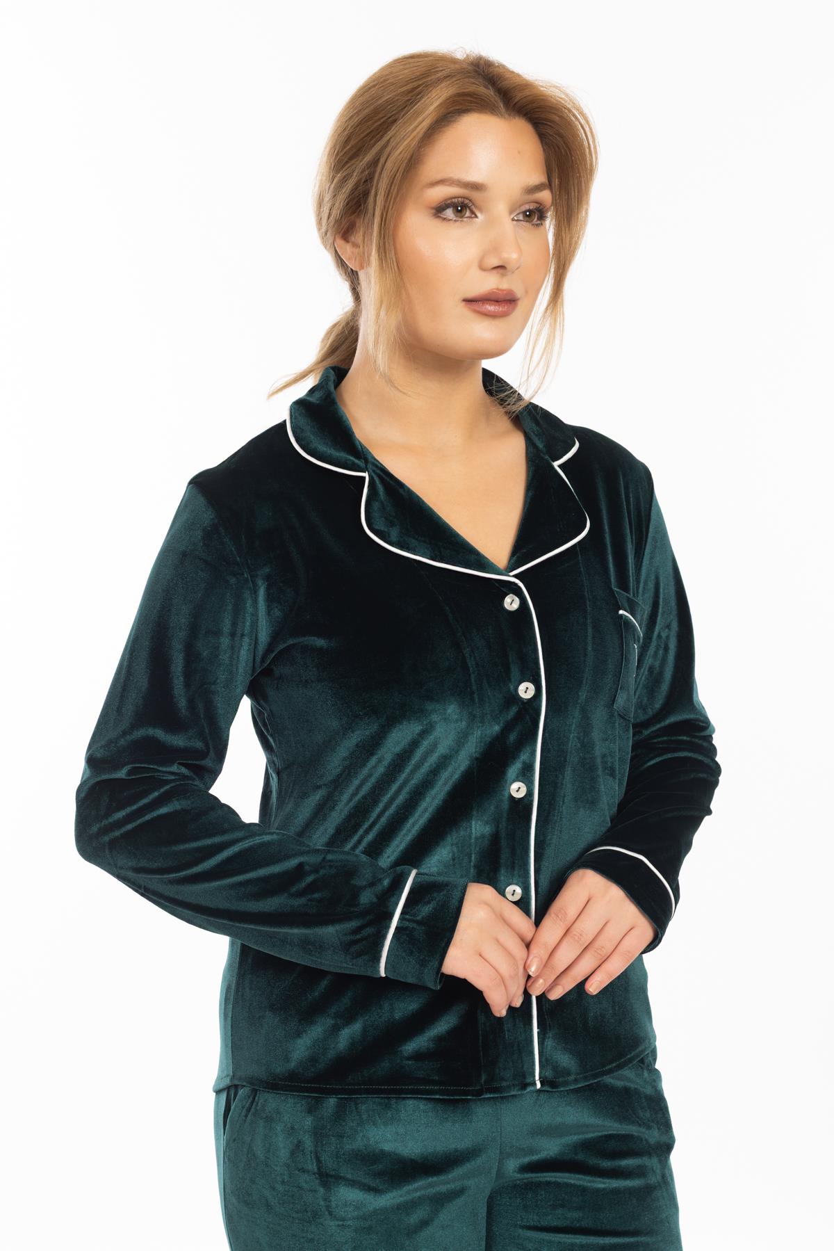 Vs Kadın Desenli Kadife U.Kol Pijama Takım 22k Evm YEŞİL