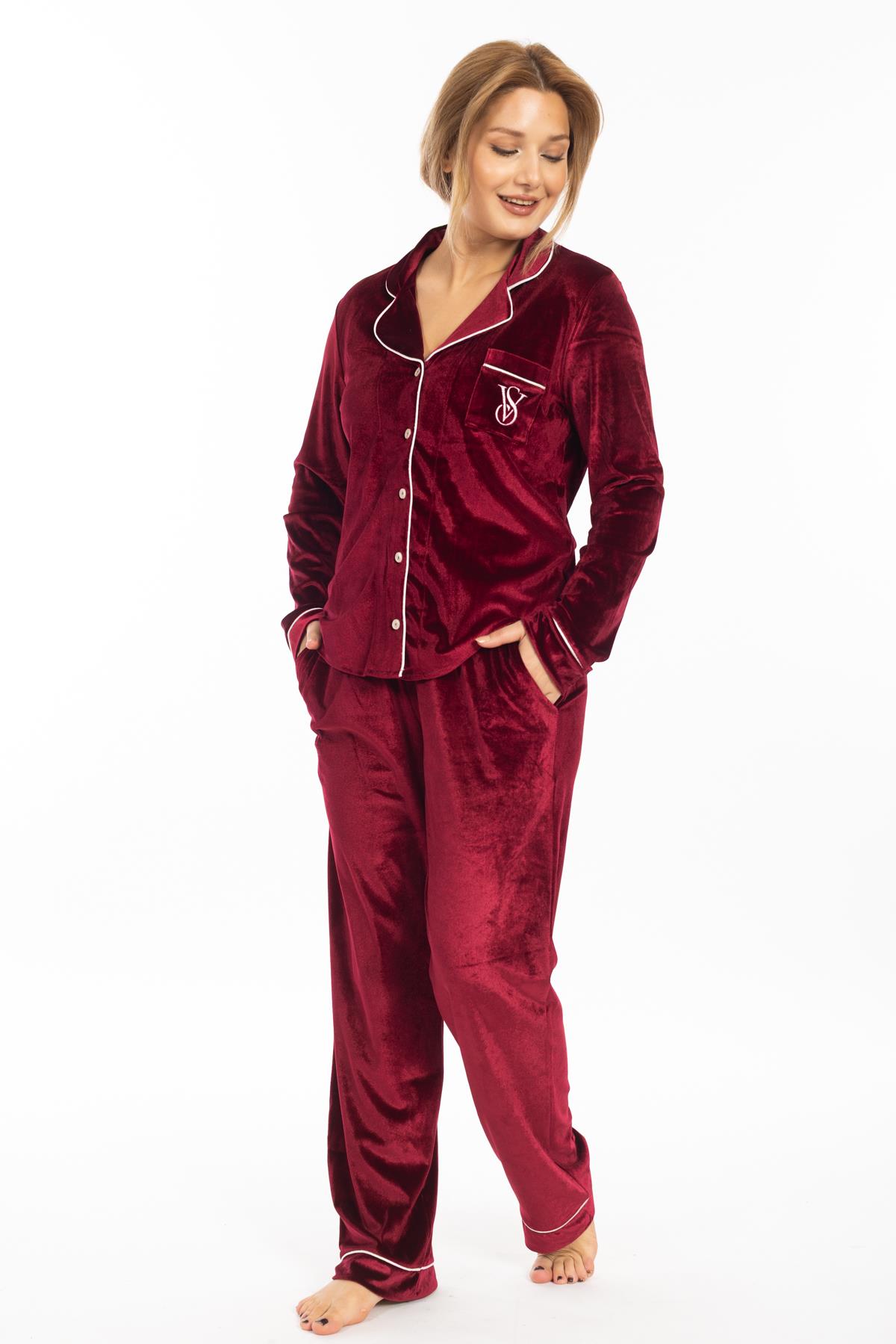 Vs Kadın Desenli Kadife U.Kol Pijama Takım 22k Evm BORDO