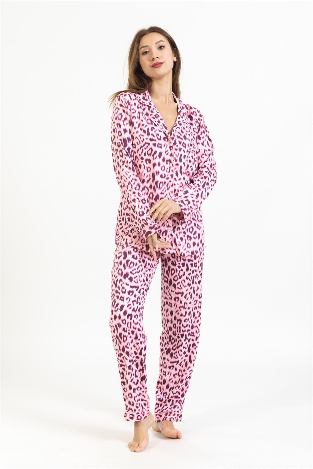 Vs Kadın Desenli Pamuk Saten U.Kol Pijama Takım pembe leopar
