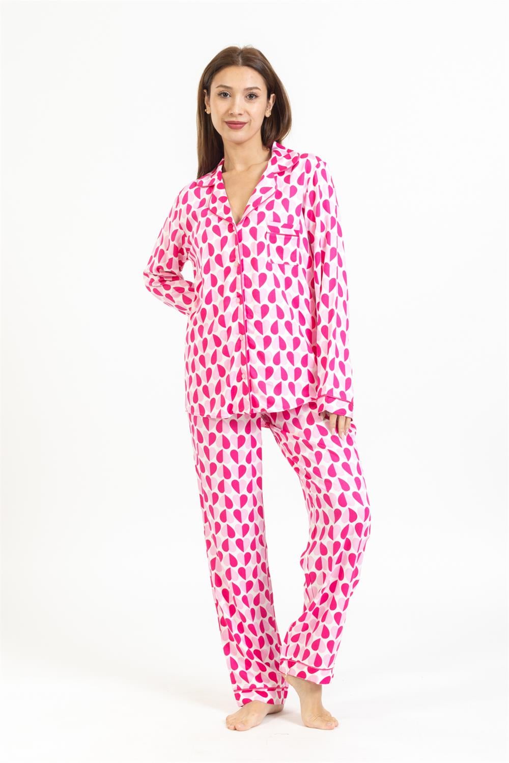 Vs Kadın Desenli Pamuk Saten U.Kol Pijama Takım pembe/fuşya kalpli