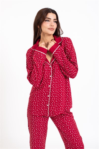 Vs Kadın Desenli Pamuk Saten U.Kol Pijama Takım bordo/beyaz puanlı