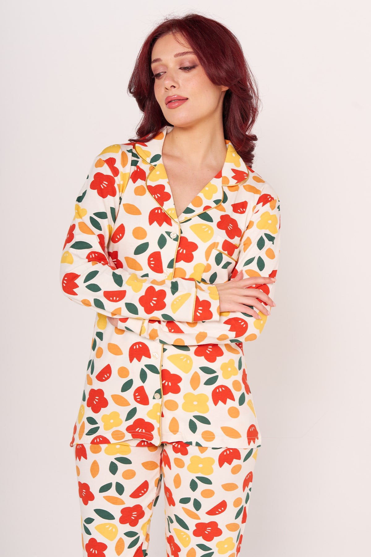 Vs Kadın Desenli Penye U.Kol Pijama Takım Evm Krem Çiçek Desenli