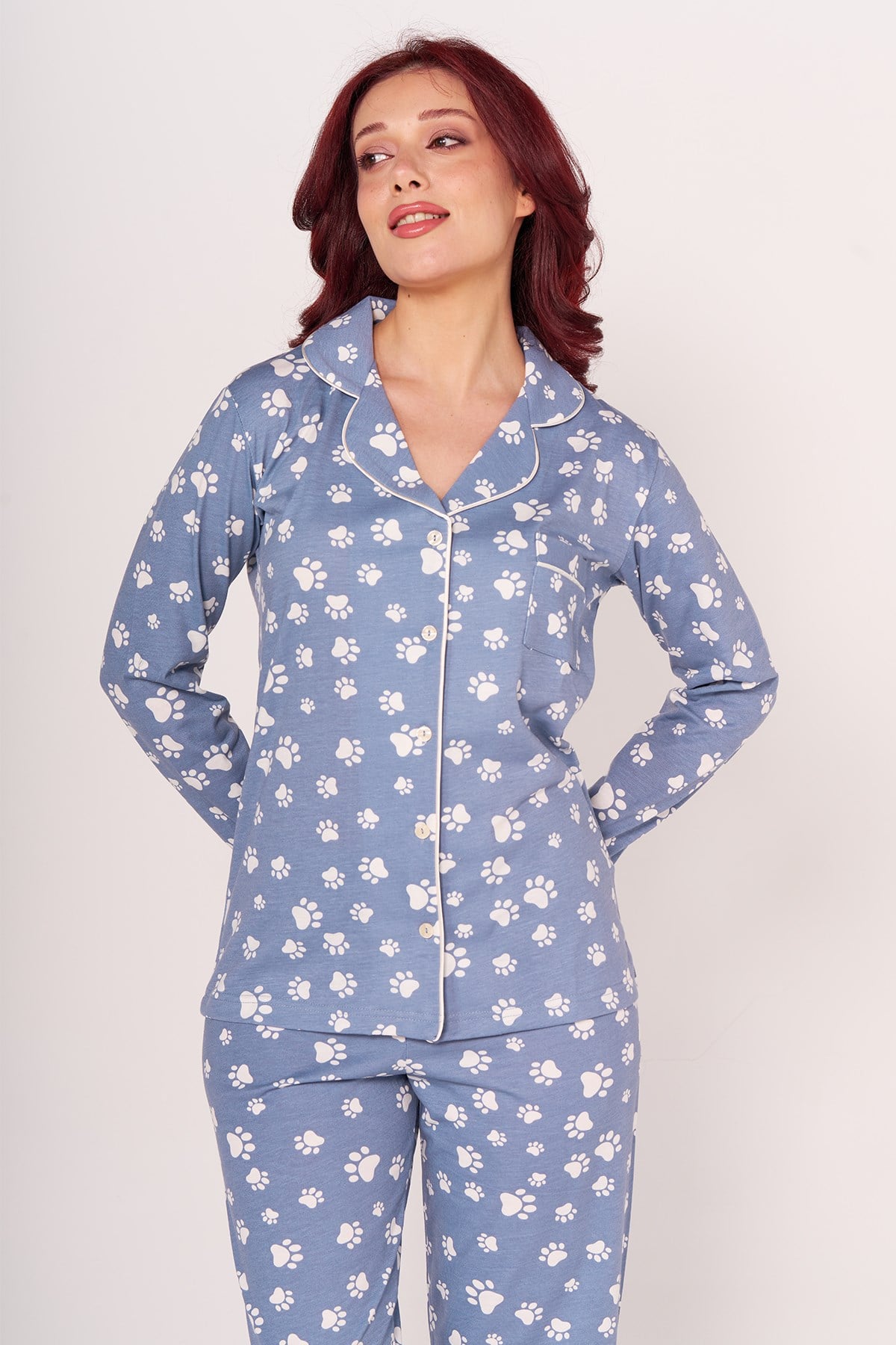 Vs Kadın Desenli Penye U.Kol Pijama Takım Evm Mavi beyaz patili