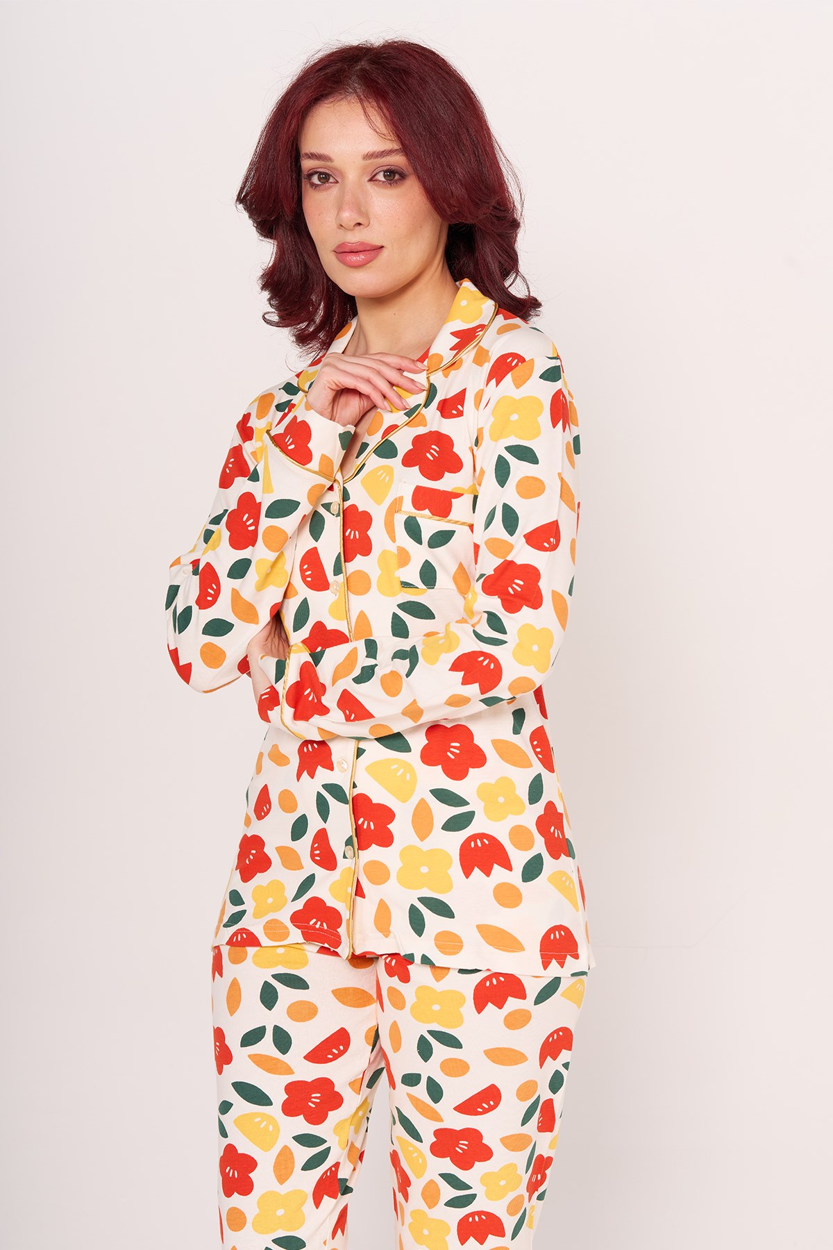 Vs Kadın Desenli Penye U.Kol Pijama Takım Evm Krem Çiçek Desenli