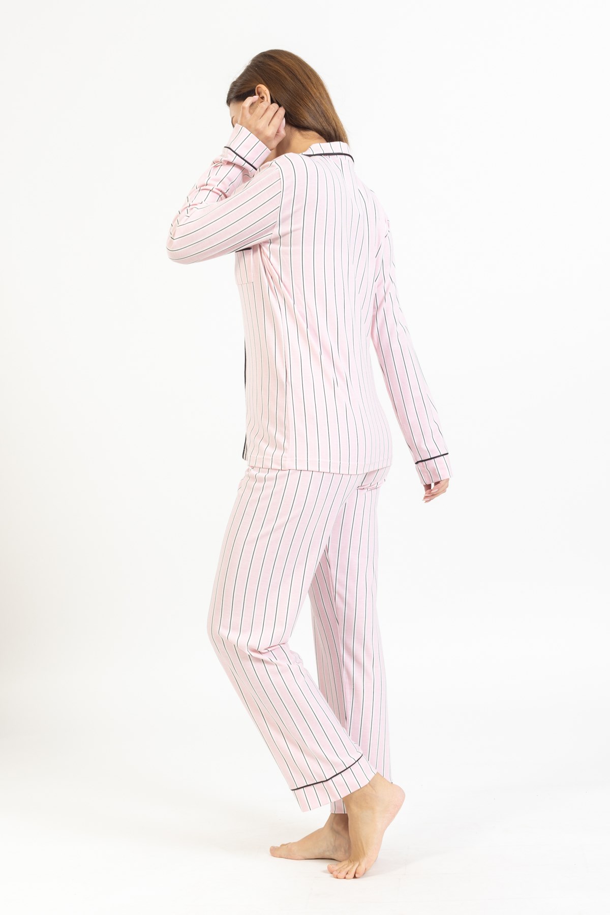 Vs Kadın Desenli Penye U.Kol Pijama Takım Evm Pembe Siyah Çizgili