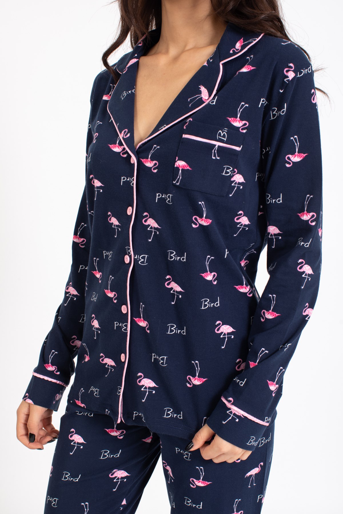 Vs Kadın Desenli Penye U.Kol Pijama Takım Evm lacivert/flamingo desenli