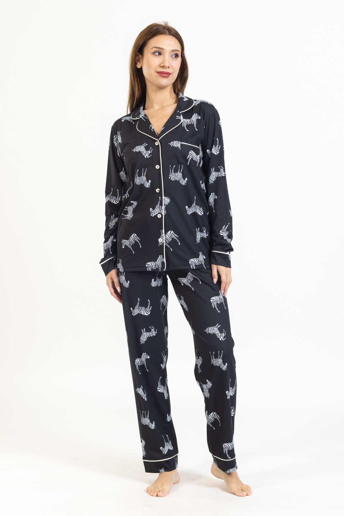 Vs Kadın Desenli Penye U.Kol Pijama Takım Evm Siyah Zebra