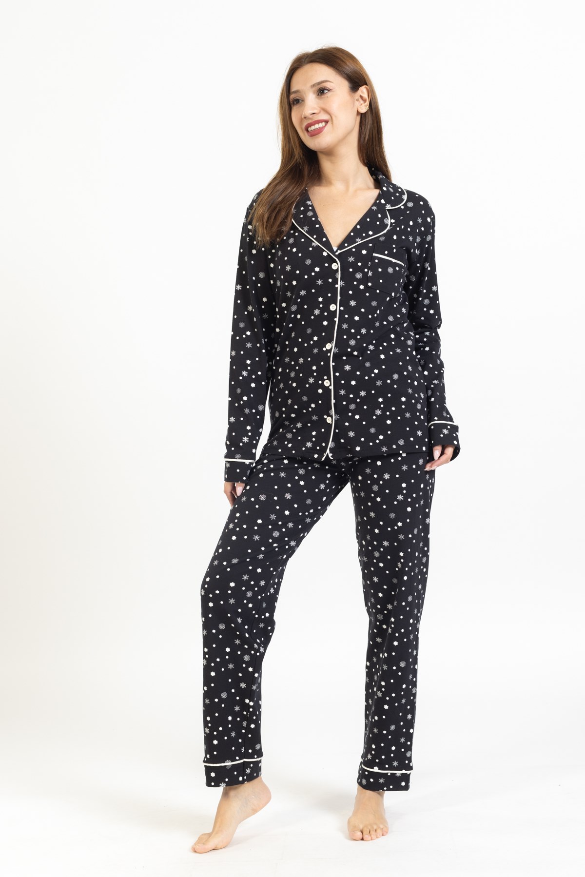 Vs Kadın Desenli Penye U.Kol Pijama Takım Evm siyah/kar desenli