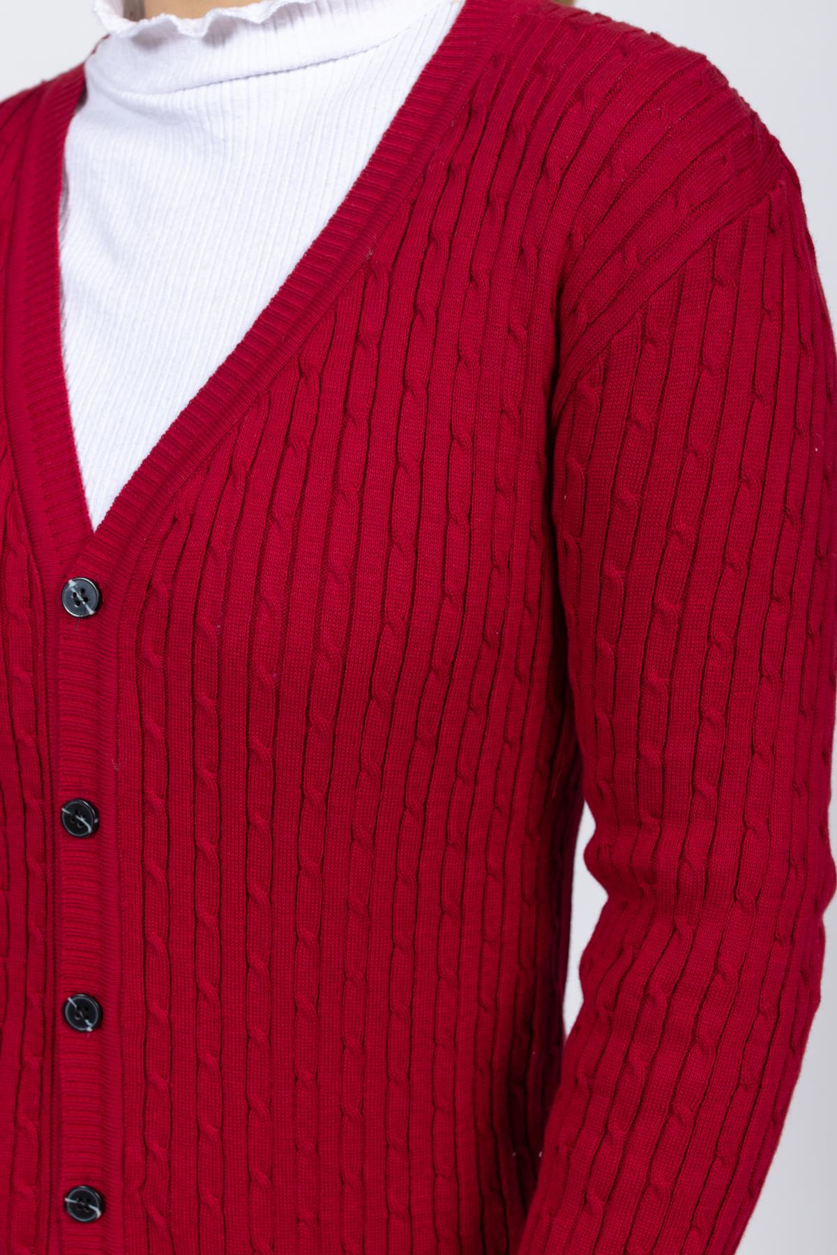 Vs Kadın V Yaka Dügmeli Saç Örgü U.Kol Hırka Trk Bordo 1