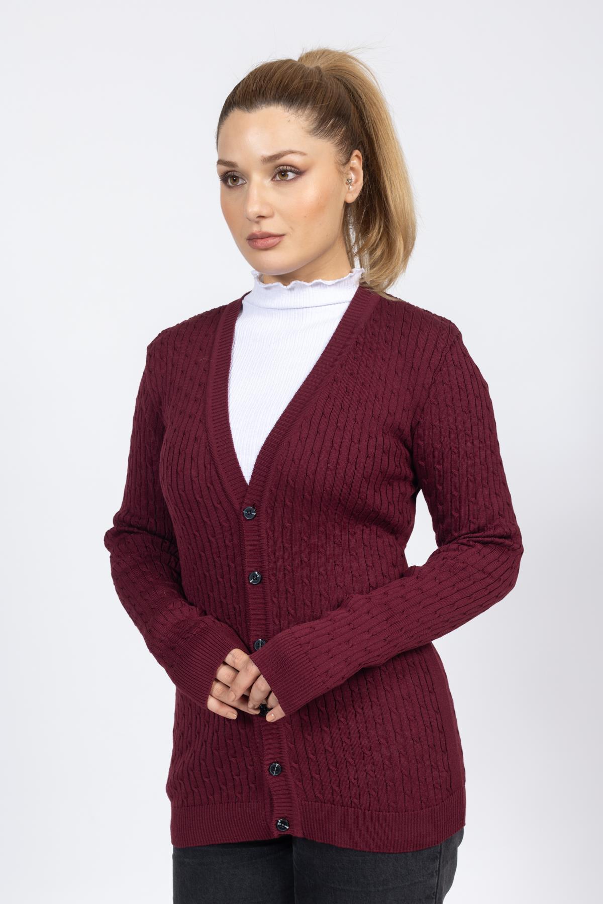 Vs Kadın V Yaka Dügmeli Saç Örgü U.Kol Hırka Trk BORDO