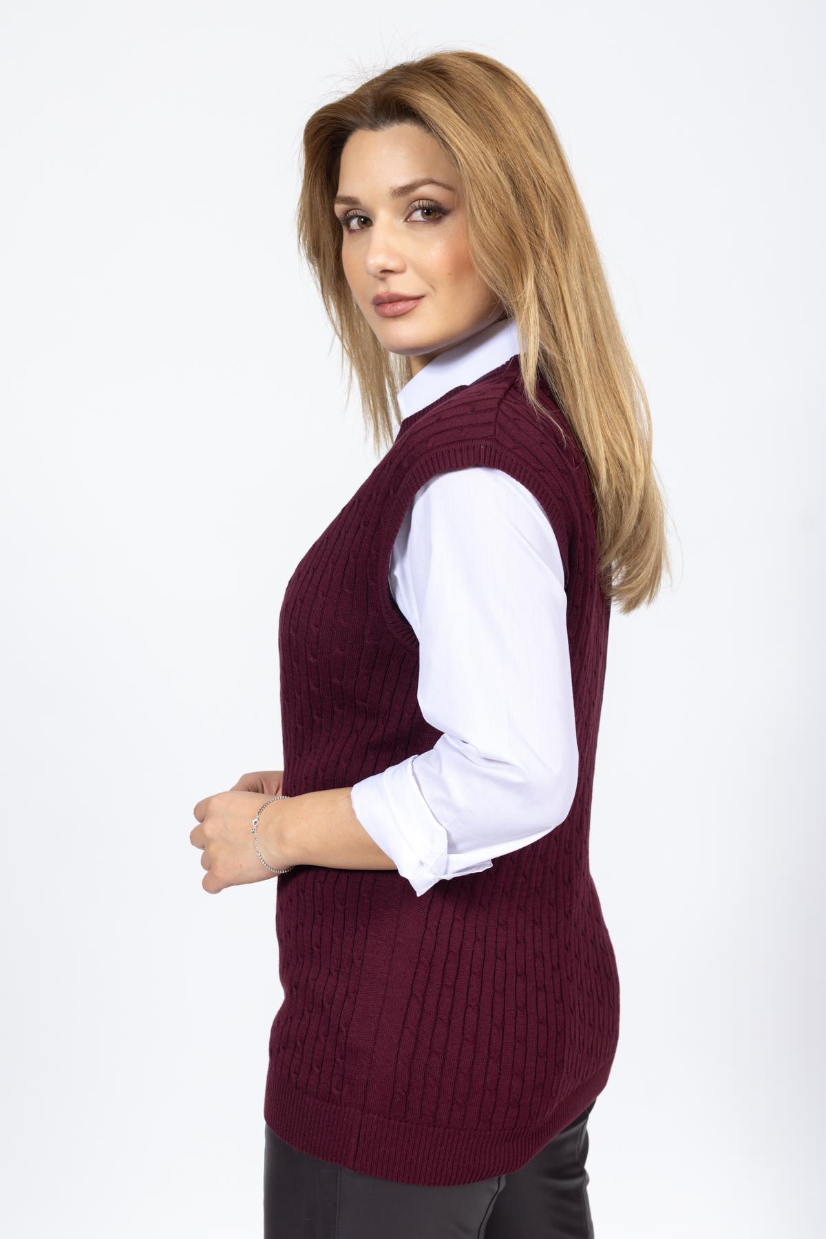 Vs Kadın V Yaka Saç Örgü Suveter Trk Bordo 1