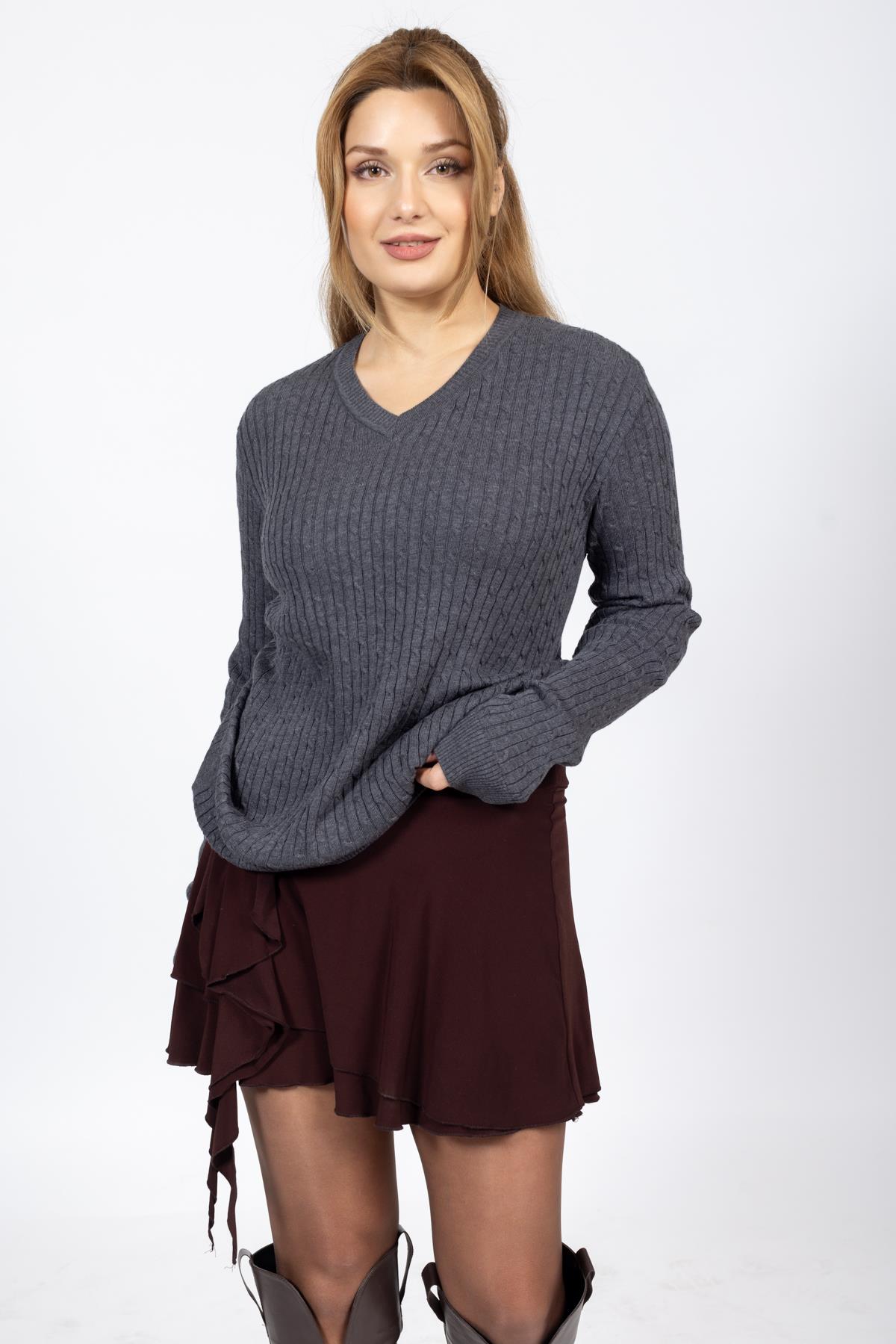 Vs Kadın V Yaka Saç Örgü U.Kol Kazak Trk ANTRASİT