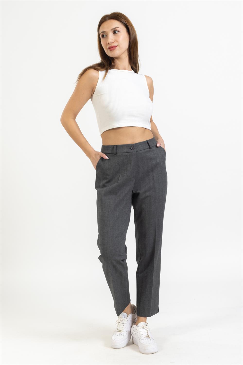 Vs Kadın Yandan Cepli Kumaş Pantolon 22y-027 Gri Balıksırtı