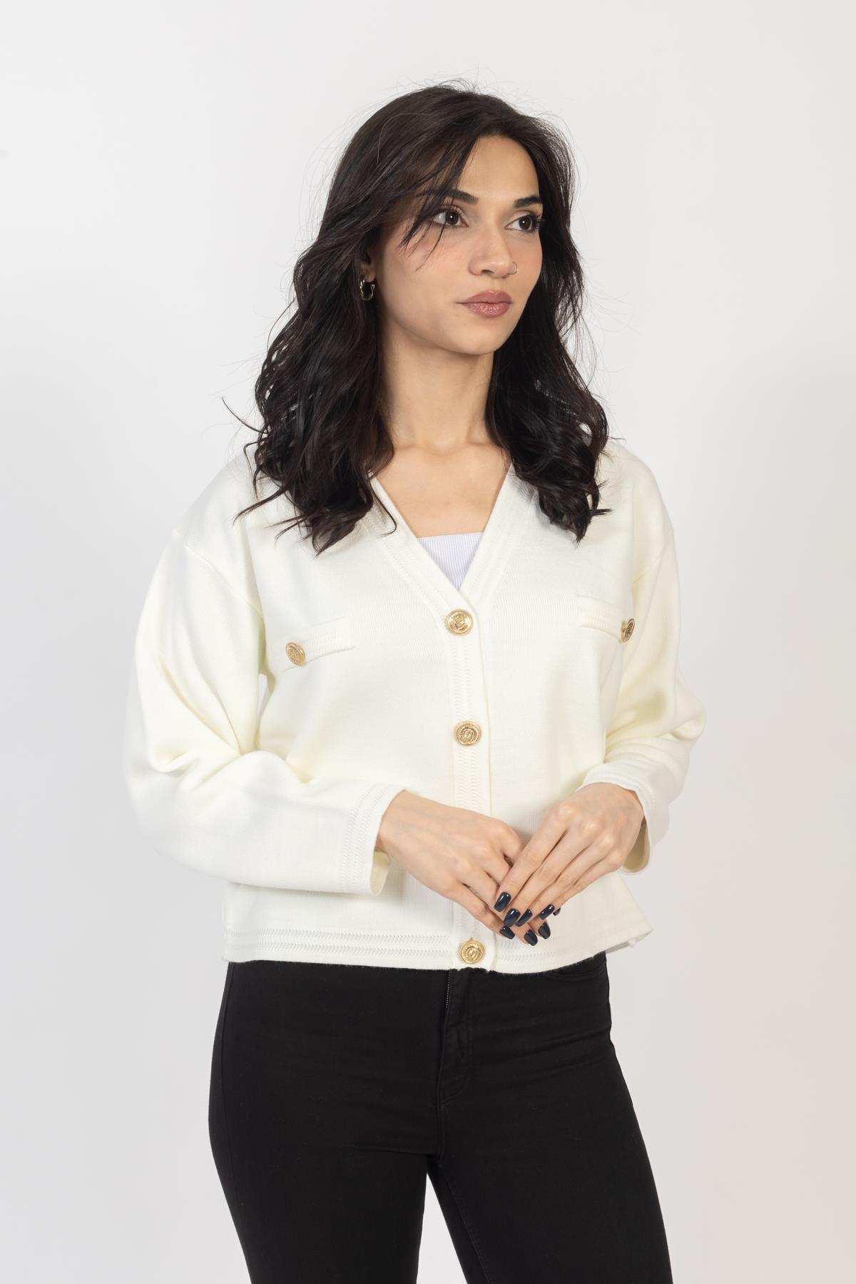 Vs Kadın Triko Dügmeli Örme Hırka 23 572 Emy 23k EKRU