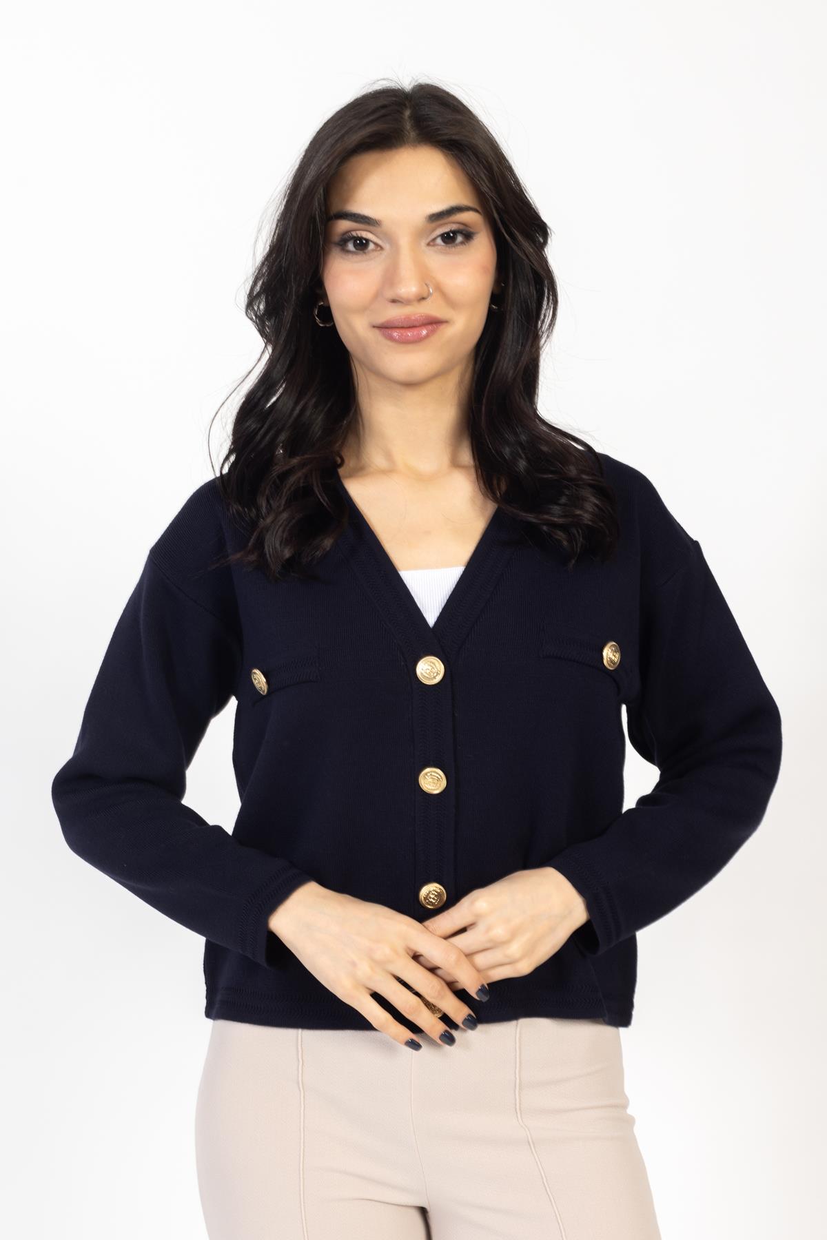 Vs Kadın Triko Dügmeli Örme Hırka 23 572 Emy 23k LACİVERT