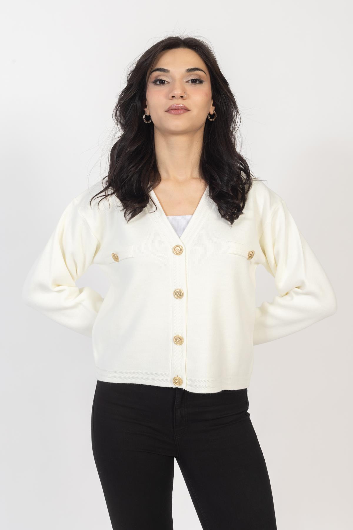 Vs Kadın Triko Dügmeli Örme Hırka 23 572 Emy 23k EKRU