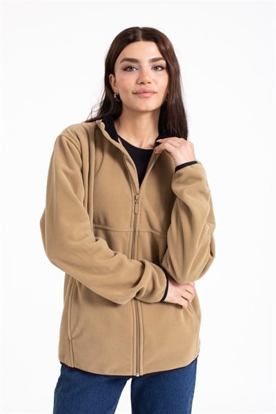 Vs Unisex Tam Fermuarlı Cepli Polar Mont BEJ