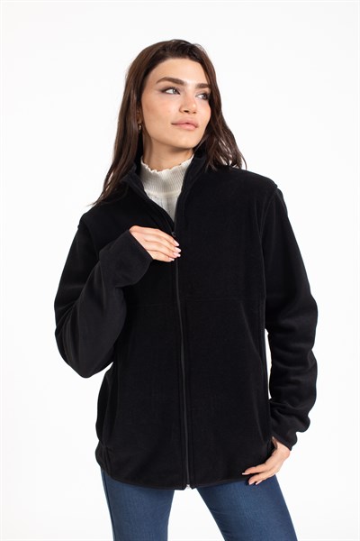Vs Unisex Tam Fermuarlı Cepli Polar Mont SİYAH