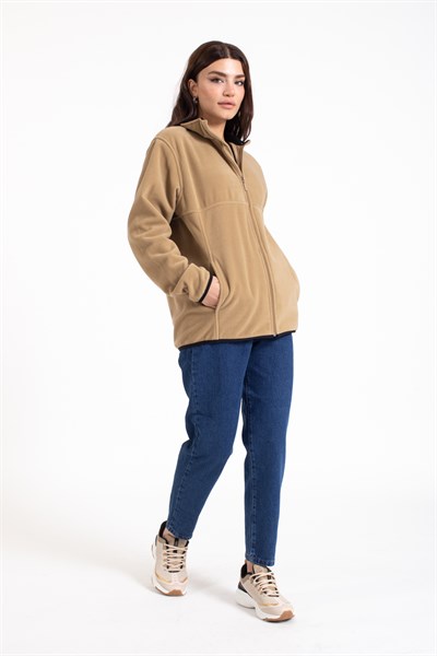 Vs Unisex Tam Fermuarlı Cepli Polar Mont BEJ