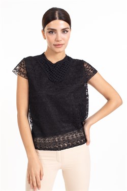 4s Bayan Tüllü Arkası Fer Kolsuz Bluz SİYAH