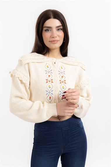 Zr Bayan Dügmeli İşlemeli Hırka KREM