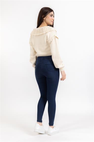 Zr Bayan Dügmeli İşlemeli Hırka KREM