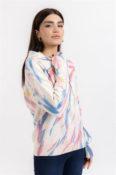 Zr Bayan Kapşonlu U.Kol Sweatshırt Beyaz Mavi