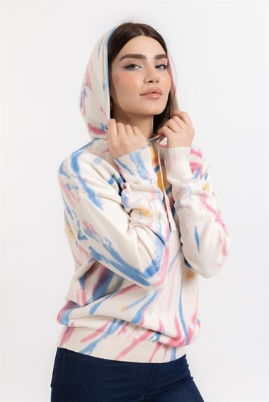 Zr Bayan Kapşonlu U.Kol Sweatshırt Beyaz Mavi