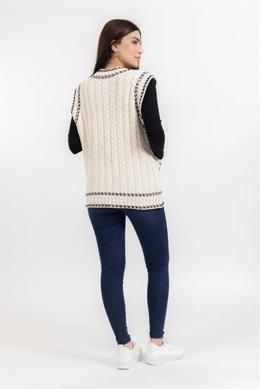 Zr Bayan V Yaka Cepli Kalın Süveter KREM