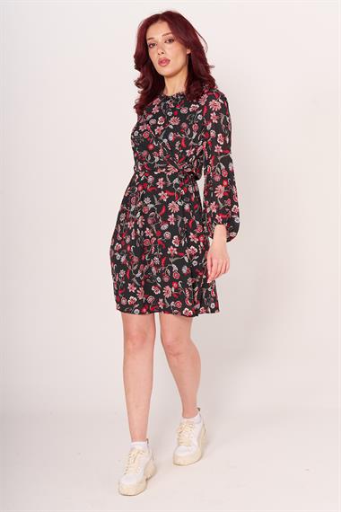 Br Kadın Desenli Kuşaklı U.kol Elbise 23y byg siyah/çiçek/desenli