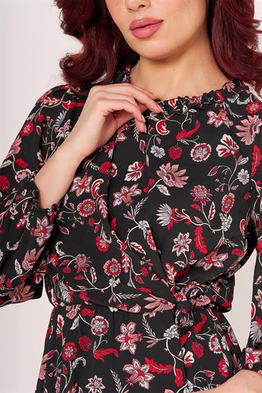 Br Kadın Desenli Kuşaklı U.kol Elbise 23y byg siyah/çiçek/desenli