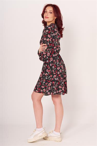 Br Kadın Desenli Kuşaklı U.kol Elbise 23y byg siyah/çiçek/desenli