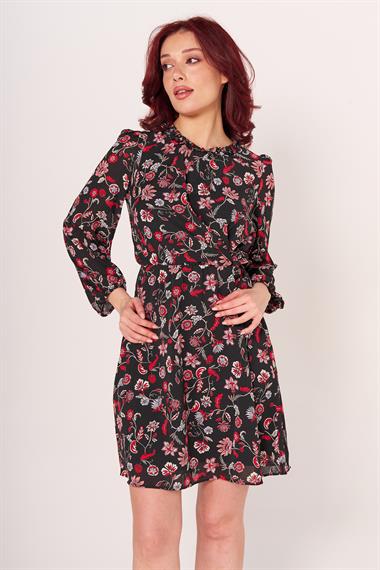 Br Kadın Desenli Kuşaklı U.kol Elbise 23y byg siyah/çiçek/desenli