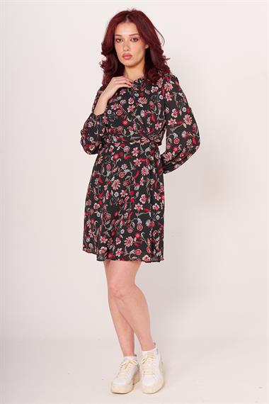 Br Kadın Desenli Kuşaklı U.kol Elbise 23y byg siyah/çiçek/desenli