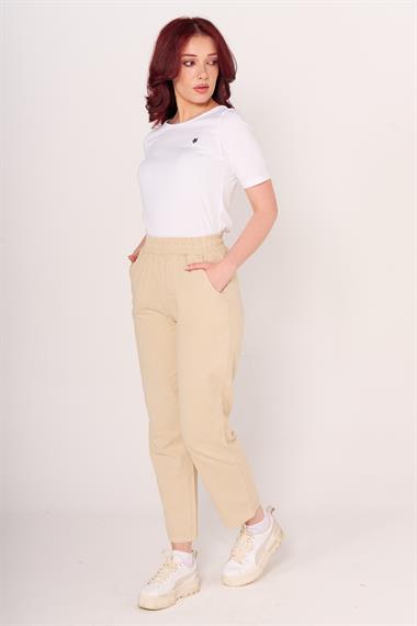 Brs Kadın Gabardin Beli Lastikli Klasık Pantolon 24y Sf KREM