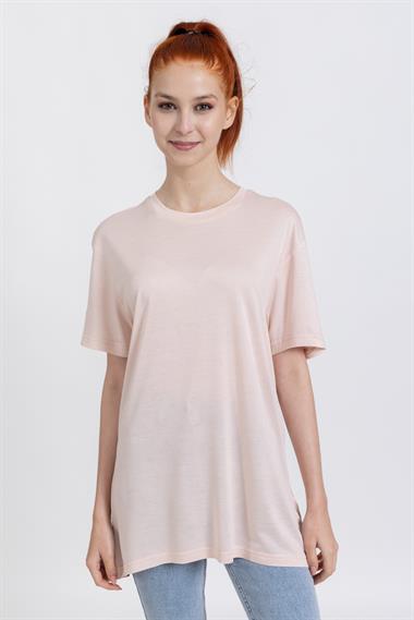 La Bayan O yaka Düz Basıc K.Kol Tshırt Toz Pembe