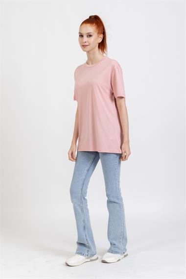 La Bayan O yaka Düz Basıc K.Kol Tshırt Pudra 3