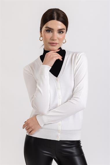 Ms Bayan Tam Dügmeli İnce Hırka Beyaz