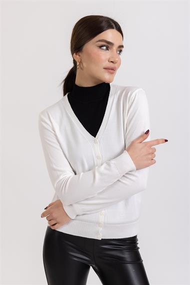 Ms Bayan Tam Dügmeli İnce Hırka Beyaz