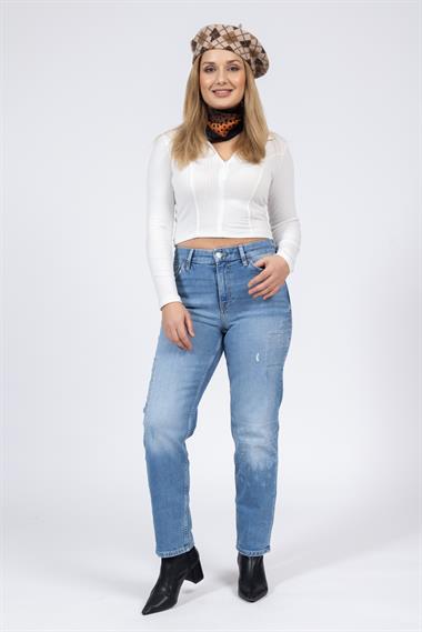 Ms Kadın Mom RegularAltı Çiçek Baskılı Kot Pantolon 23k Kso BLUE