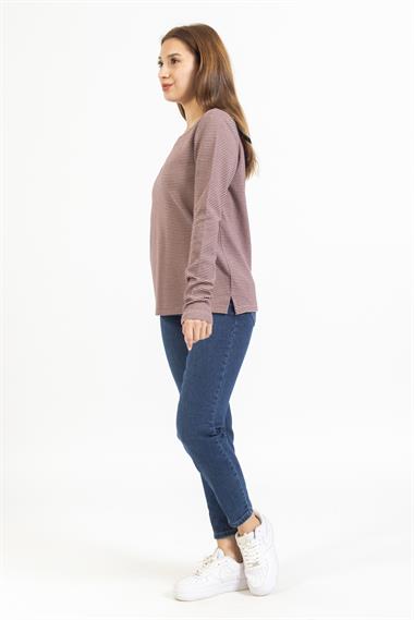 Ops Bayan O yaka Çizgili U.kol Sweat 23k Ptk Kahve çizgili