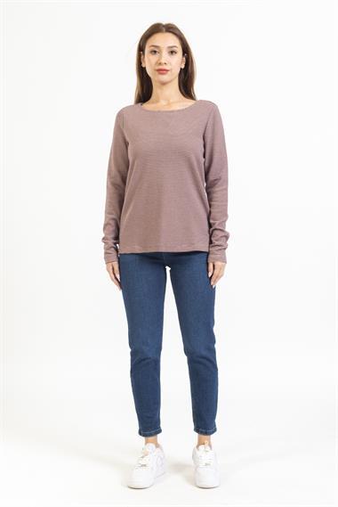 Ops Bayan O yaka Çizgili U.kol Sweat 23k Ptk Kahve çizgili