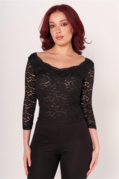 TSHIRT BRS 22Y V YAKA DANTELLİ U.KOL BAYAN (BYG) SİYAH